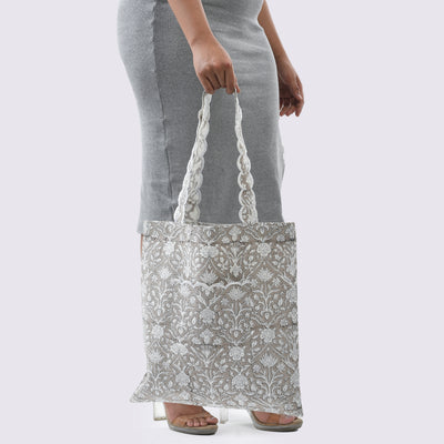 Fabricrush Taupe and Off White  Indian Hand Block Printed and Embroidery Scalloped Canvas Women's Aesthetic Bag for Shopping, Travelling, Office, Church, School
