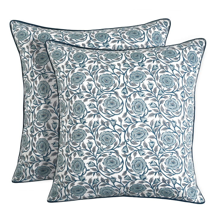 Dusty Blue White Base Pillow Covers, Hand Block Printed Floral Throw Pillow Covers, Cushion Covers for Couches, Living Rooms, Designers Sham Covers, Living Area