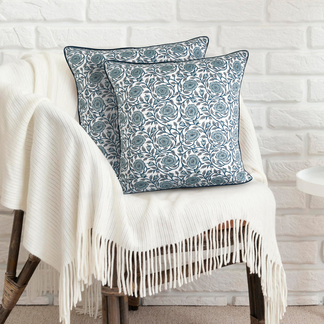 Dusty Blue White Base Pillow Covers, Hand Block Printed Floral Throw Pillow Covers, Cushion Covers for Couches, Living Rooms, Designers Sham Covers, Living Area