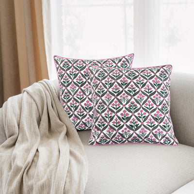 Fabricrush Pillow Covers, Watermelon Pink Hand Block Printed Floral Throw Pillow Covers, Cushion Covers for Decorative Couches, Living Rooms, Designers Pillow Covers
