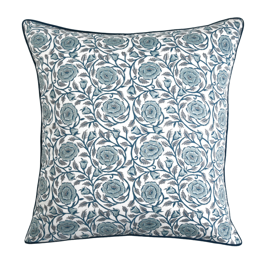 Dusty Blue White Base Pillow Covers, Hand Block Printed Floral Throw Pillow Covers, Cushion Covers for Couches, Living Rooms, Designers Sham Covers, Living Area