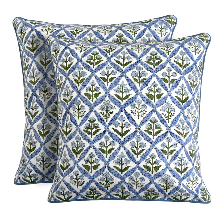 Light Steel Blue Indian Hand Block Printed Cotton Floral Throw Pillow/Cushion Covers