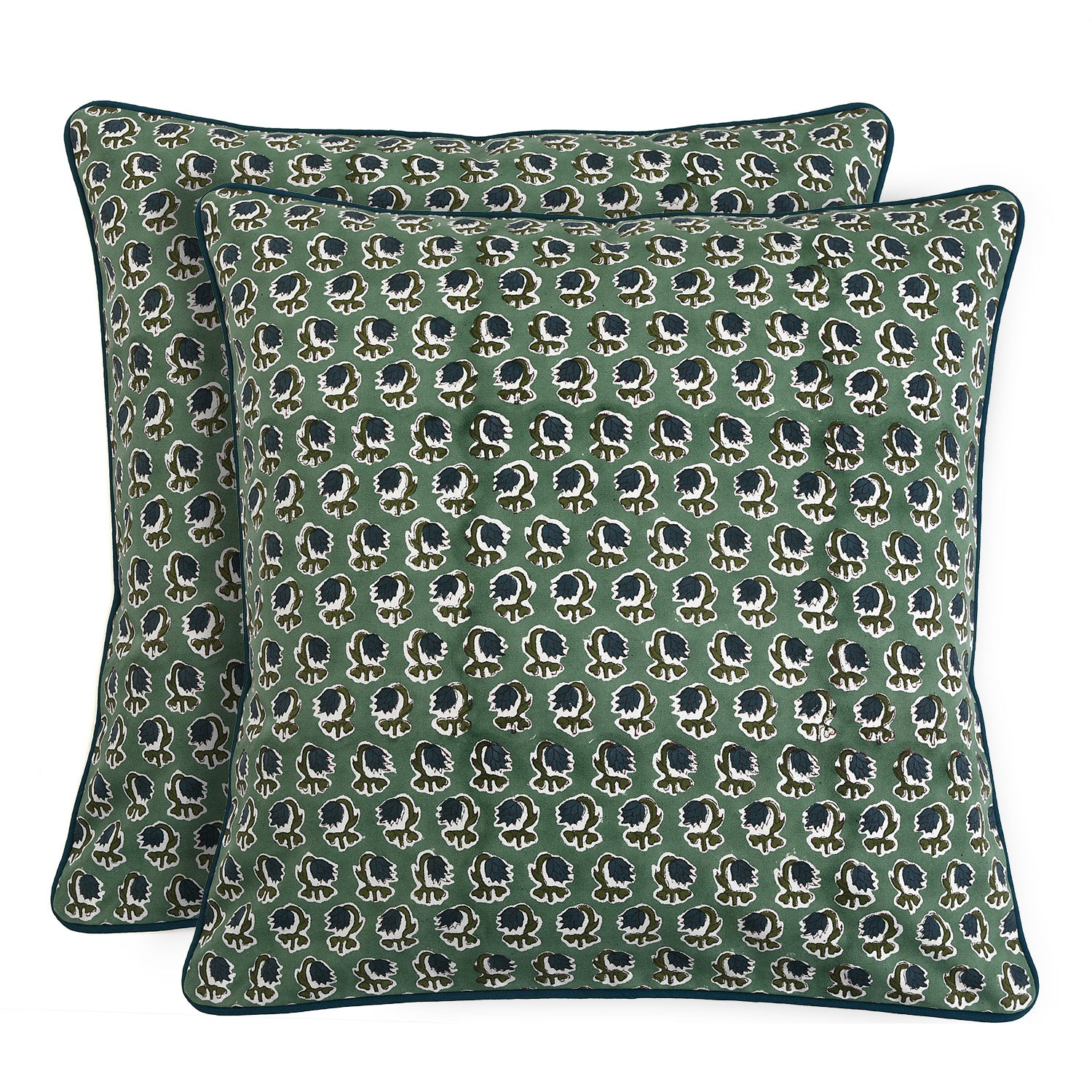 Basil Green Indian Hand Block Printed Cotton Floral Throw Pillow/Cushion Covers