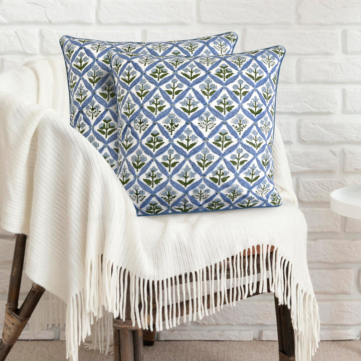 Light Steel Blue Indian Hand Block Printed Cotton Floral Throw Pillow/Cushion Covers