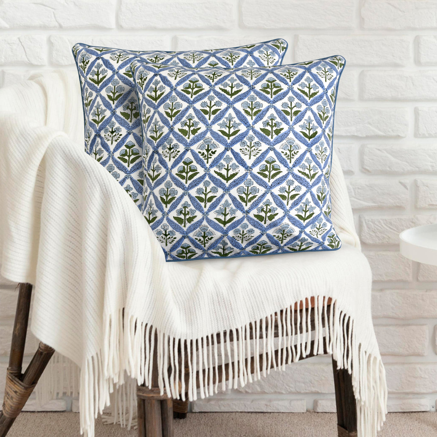 Ridhi Light Steel Blue Block Print Cotton Canvas Throw Pillow Covers for Decorative Couch Pillows for Living Room, Chic Boho Cute Outdoor Valentine Pillows Covers Gifts Inches