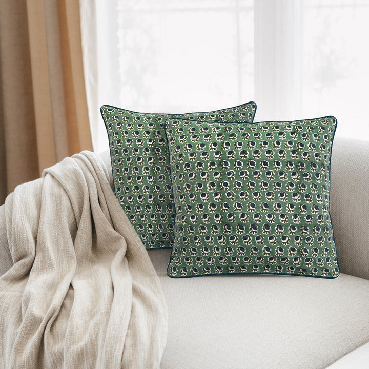 Basil Green Pillow Covers, Hand Block Printed Floral Throw Pillow Covers, Cushion Covers for Couches, Living Rooms, Designers Sham Covers, Living Area