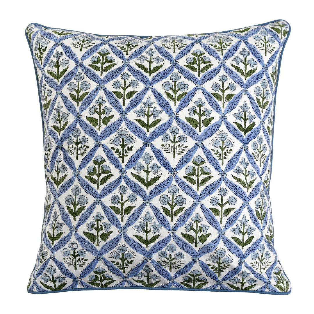 Light Steel Blue Indian Hand Block Printed Cotton Floral Throw Pillow/Cushion Covers