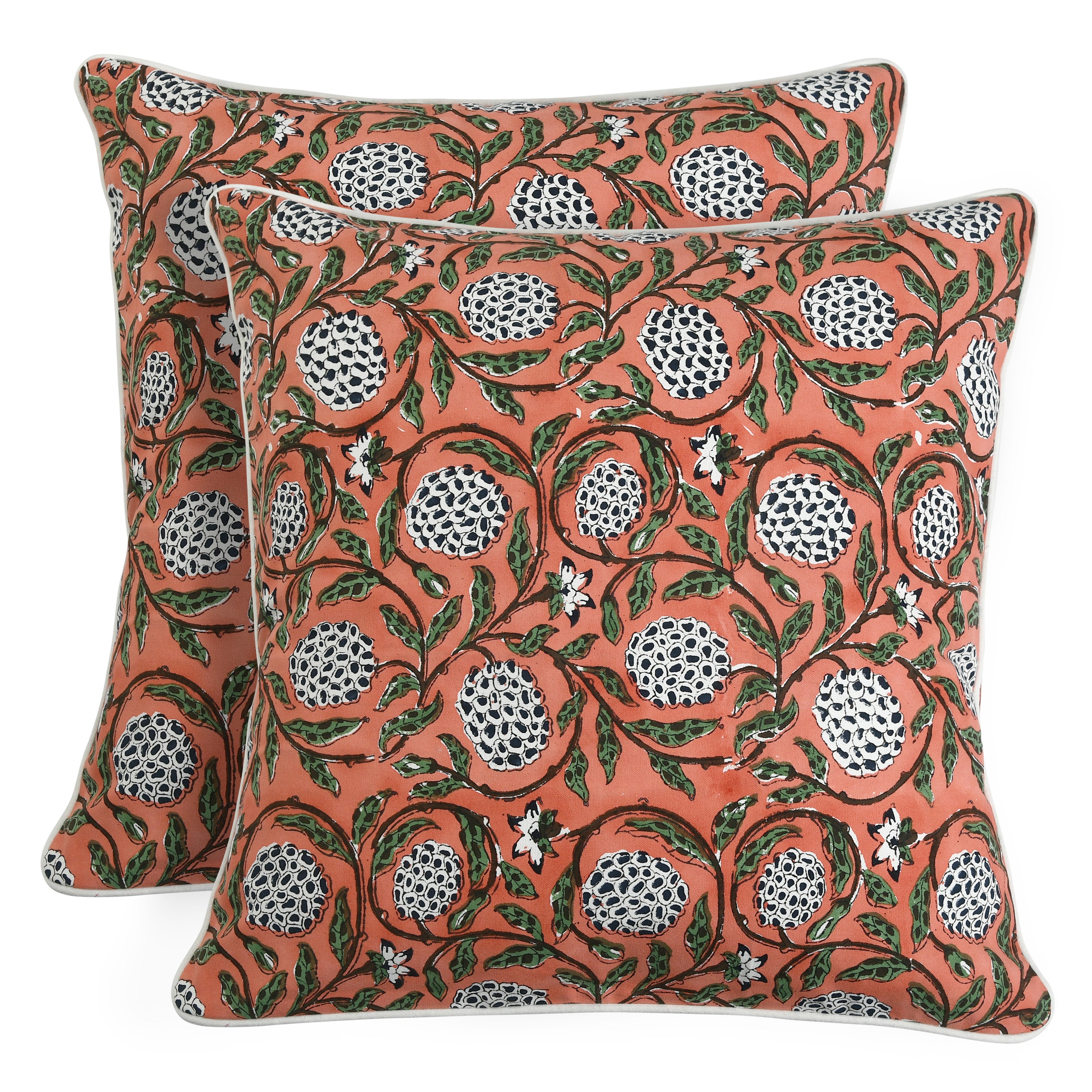 Dark Salmon Pink Indian Hand Block Printed Cotton Floral Throw Pillow/Cushion Covers