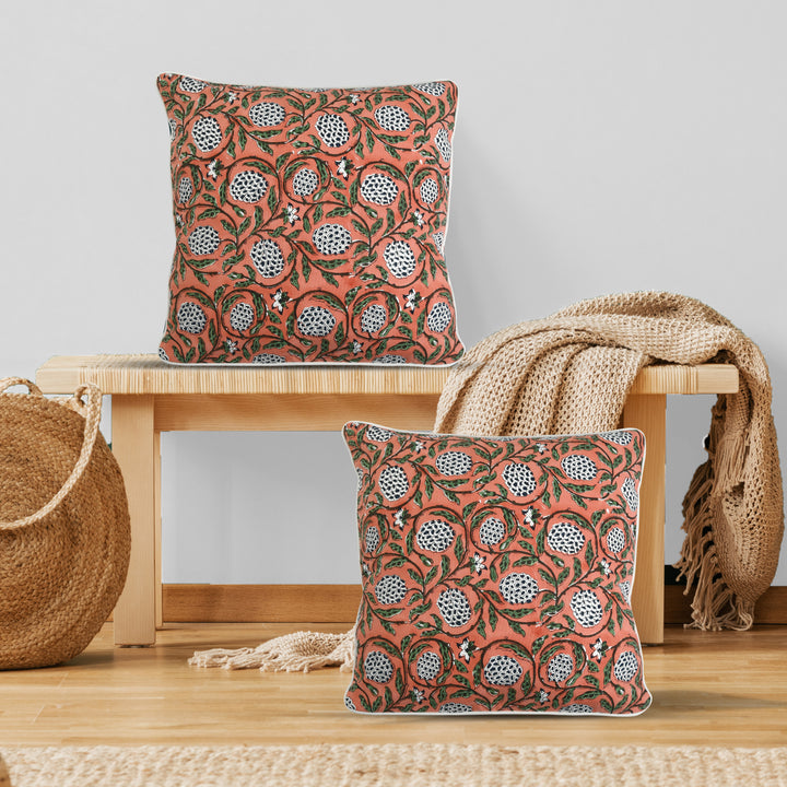 Dark Salmon Pink Pillow Covers, Hand Block Printed Floral Throw Pillow Covers, Cushion Covers for Couches, Living Rooms, Designers Sham Covers, Living Area