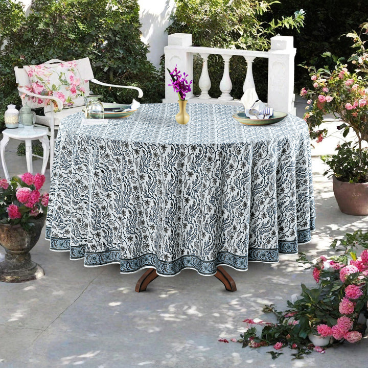 Baby Blue Eyes Indian Floral Hand-Block Printed Cotton Round Tablecloth