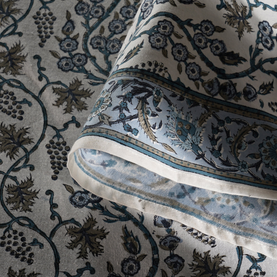 Baby Blue Eyes Indian Floral Hand-Block Printed Cotton Round Tablecloth