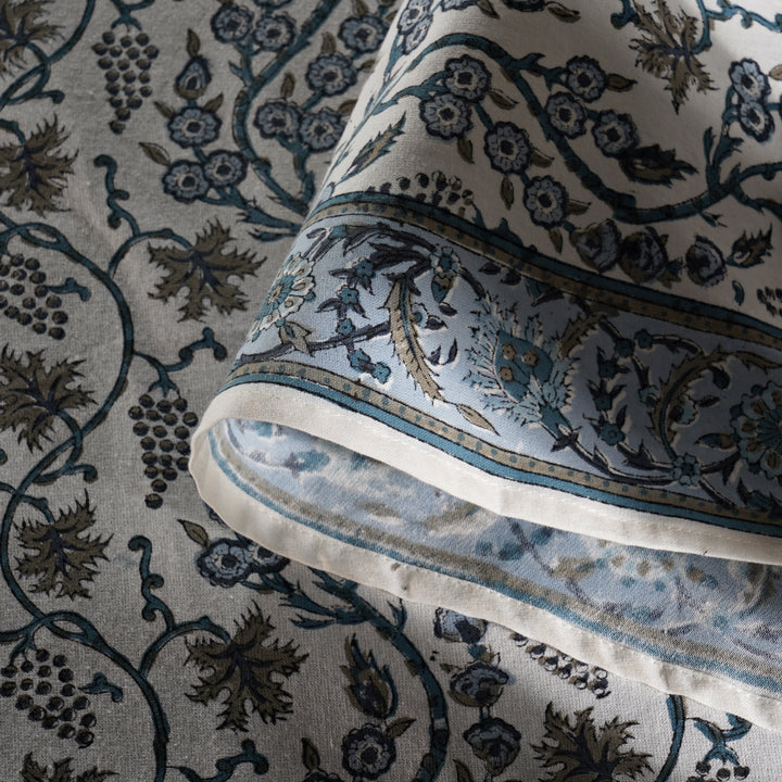 Baby Blue Eyes Indian Floral Hand-Block Printed Cotton Round Tablecloth