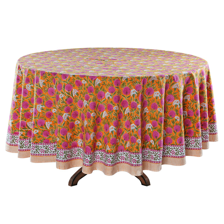 Tangerine Orange and Bubblegum Pink Indian Floral Design Hand Block Printed Cotton Round Tablecloth