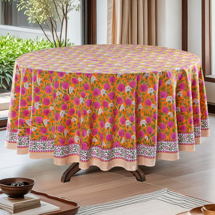 Tangerine Orange and Bubblegum Pink Indian Floral Design Hand Block Printed Cotton Round Tablecloth