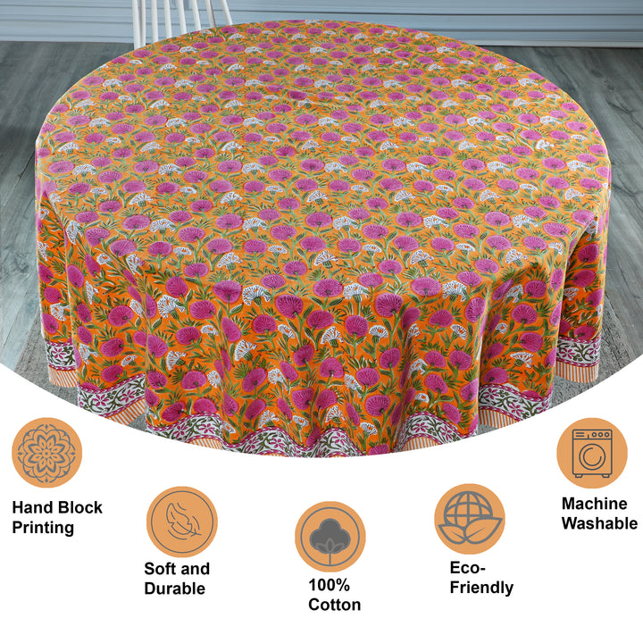 Tangerine Orange and Bubblegum Pink Indian Floral Design Hand Block Printed Cotton Round Tablecloth