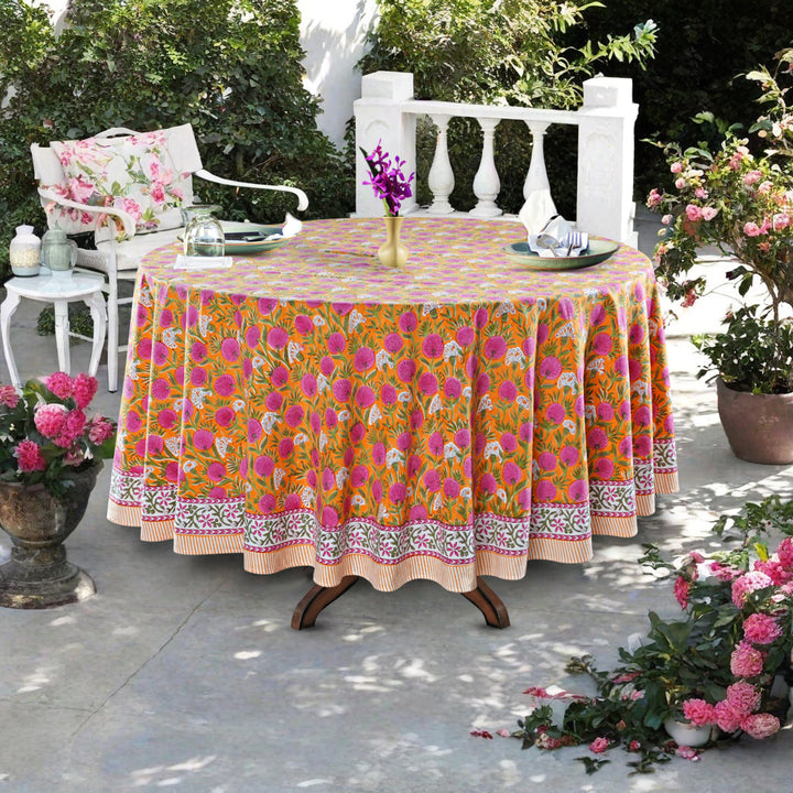 Tangerine Orange and Bubblegum Pink Indian Floral Design Hand Block Printed Cotton Round Tablecloth