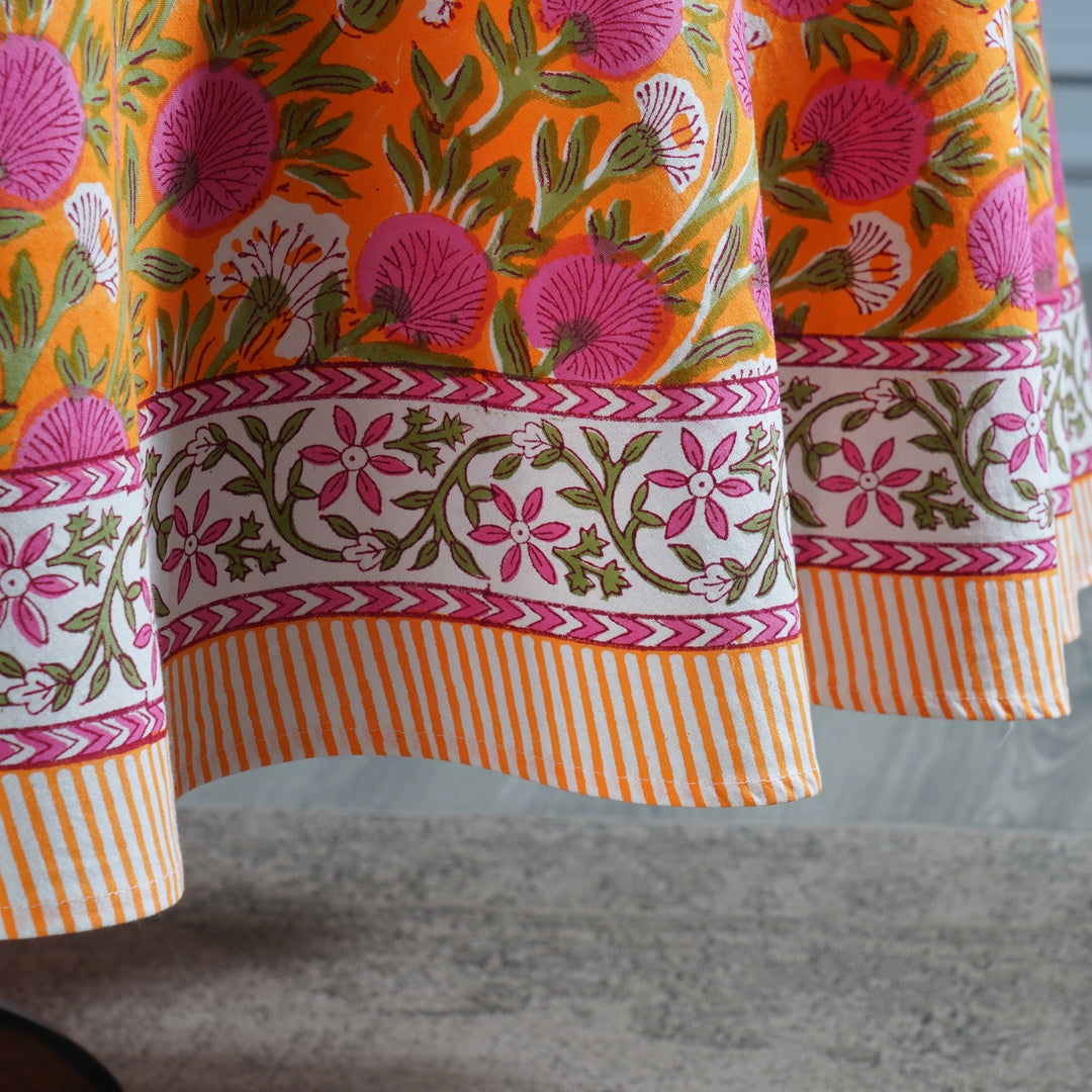 Tangerine Orange and Bubblegum Pink Indian Floral Design Hand Block Printed Cotton Round Tablecloth