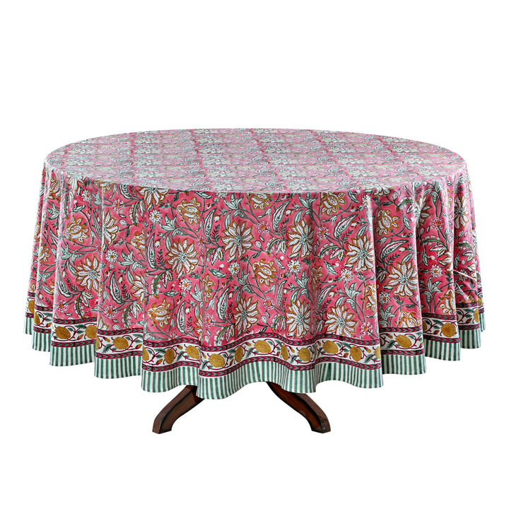 Candy Pink Indian Floral Block Printed Cotton Round Table cover