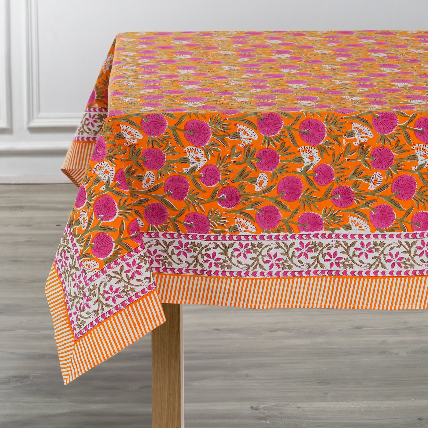 Fabricrush Tangerine Orange, Bubblegum Pink Indian Hand Block Floral Printed 100% Pure Cotton Tablecloth, Table Cover, Linen Set