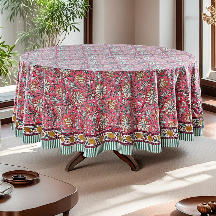 Candy Pink Indian Floral Block Printed Cotton Round Table cover