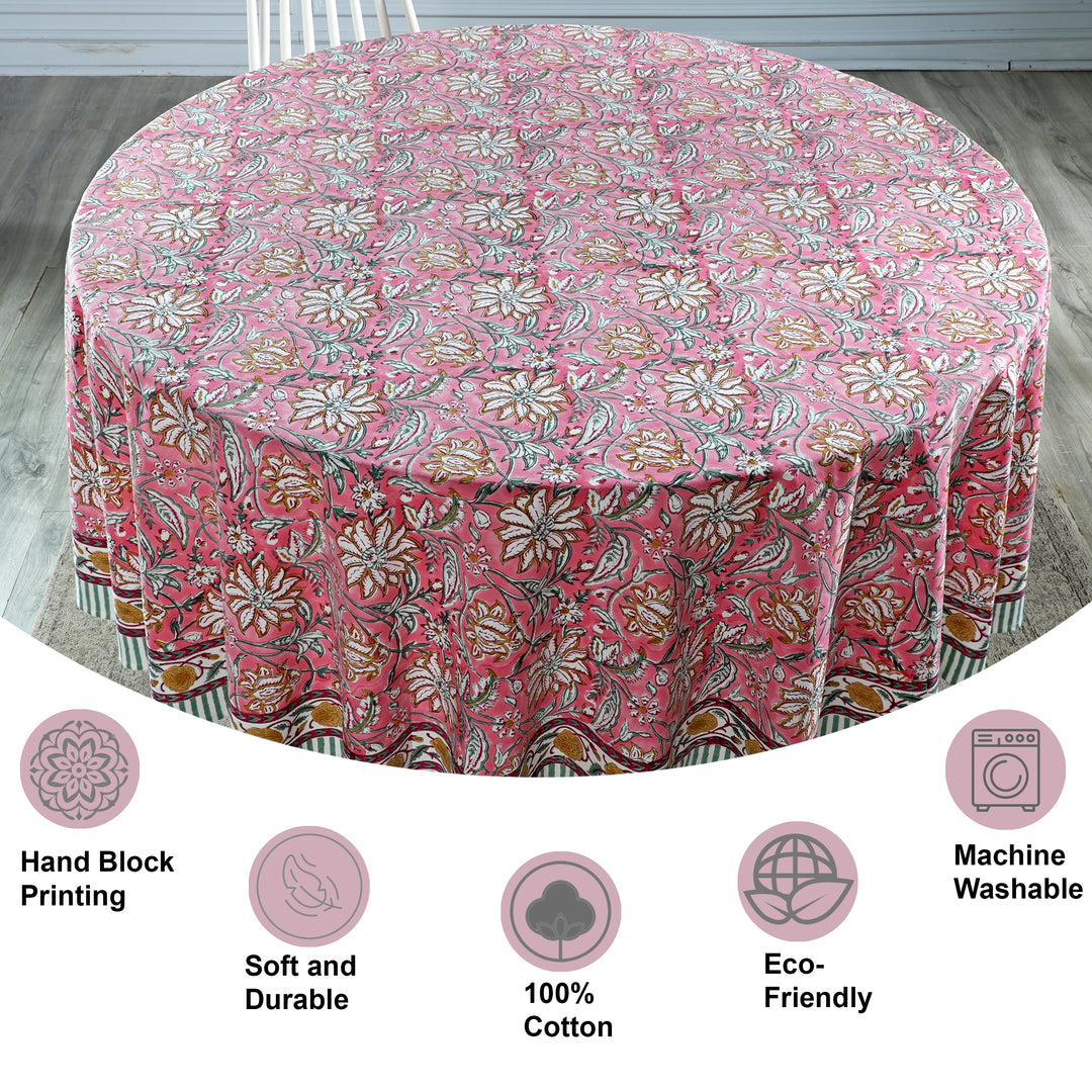 Candy Pink Indian Floral Block Printed Cotton Round Table cover