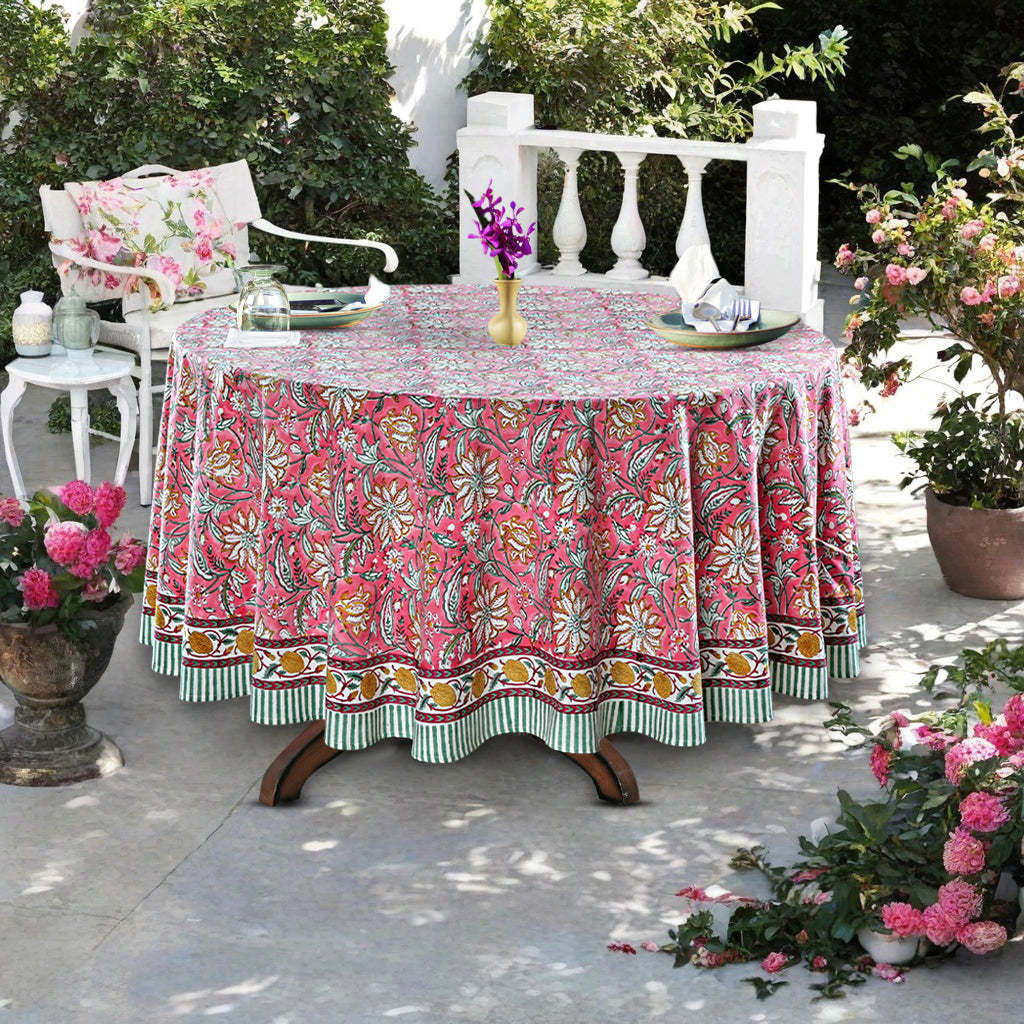 Candy Pink Indian Floral Block Printed Cotton Round Table cover