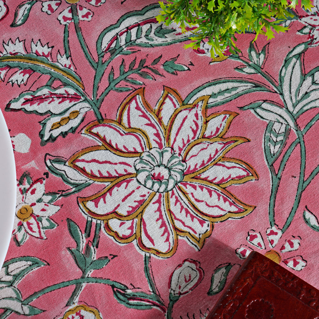 Candy Pink Indian Floral Block Printed Cotton Round Table cover