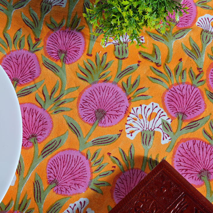 Tangerine Orange and Bubblegum Pink Indian Floral Design Hand Block Printed Cotton Round Tablecloth