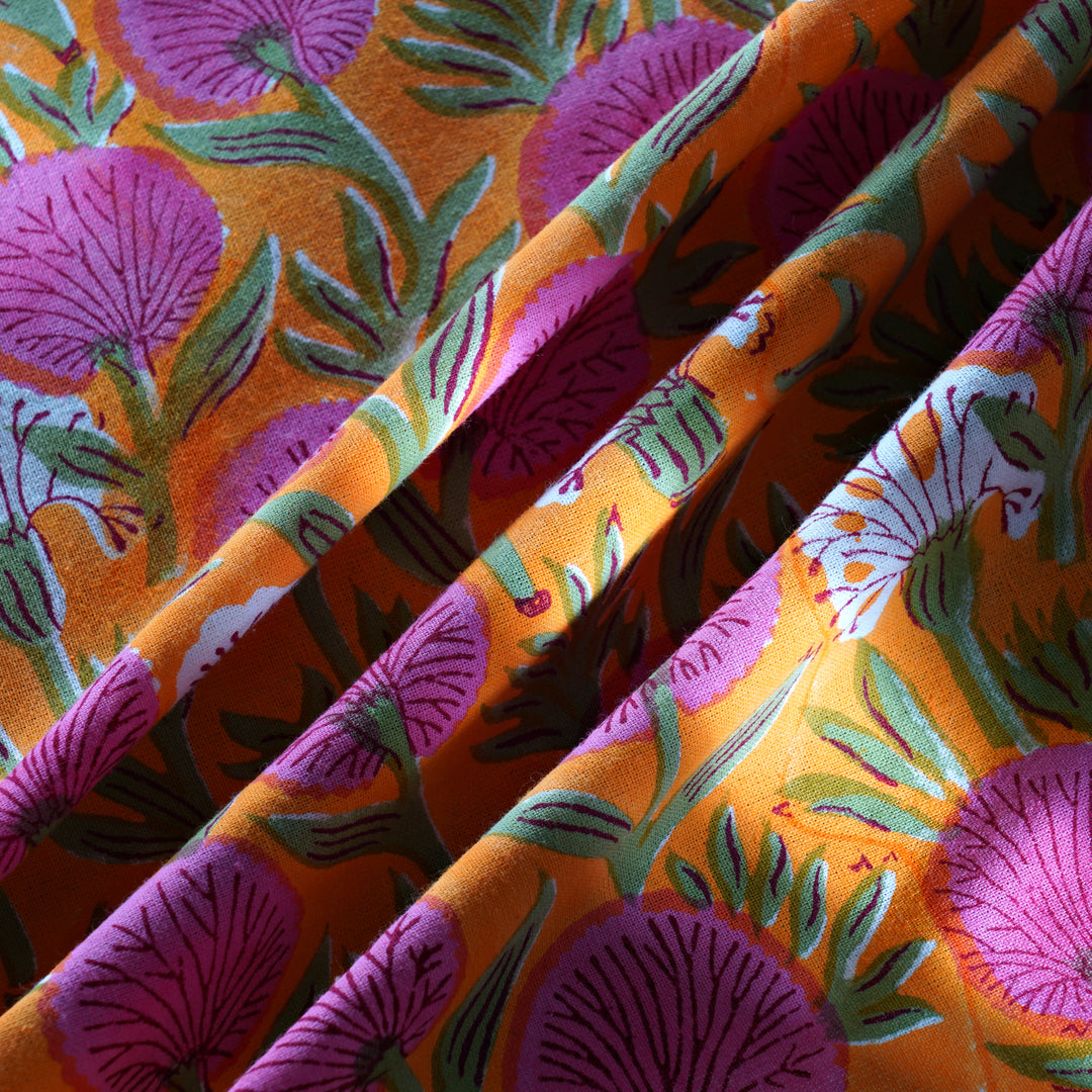 Tangerine Orange and Bubblegum Pink Indian Floral Design Hand Block Printed Cotton Round Tablecloth