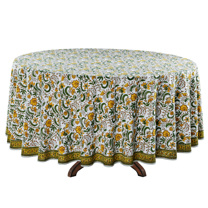 Five Call Golden Indian Floral Hand-Block Printed Cotton Round Tablecloth