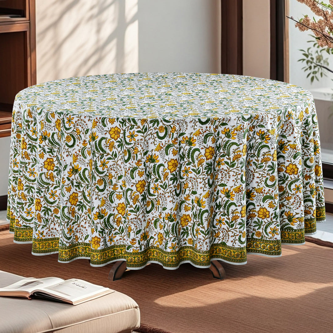 Five Call Golden Indian Floral Hand-Block Printed Cotton Round Tablecloth