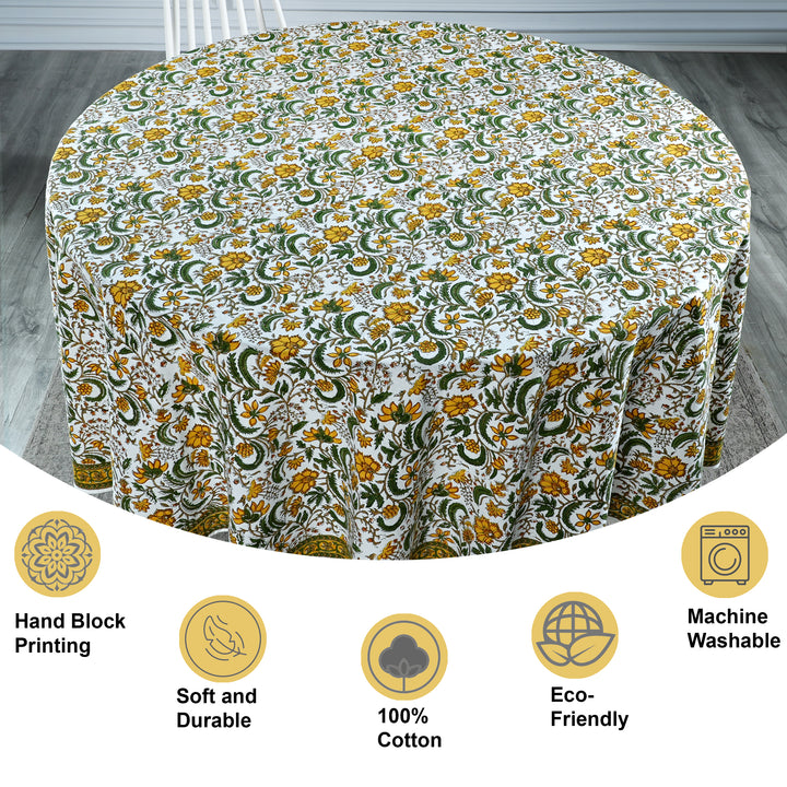 Five Call Golden Indian Floral Hand-Block Printed Cotton Round Tablecloth