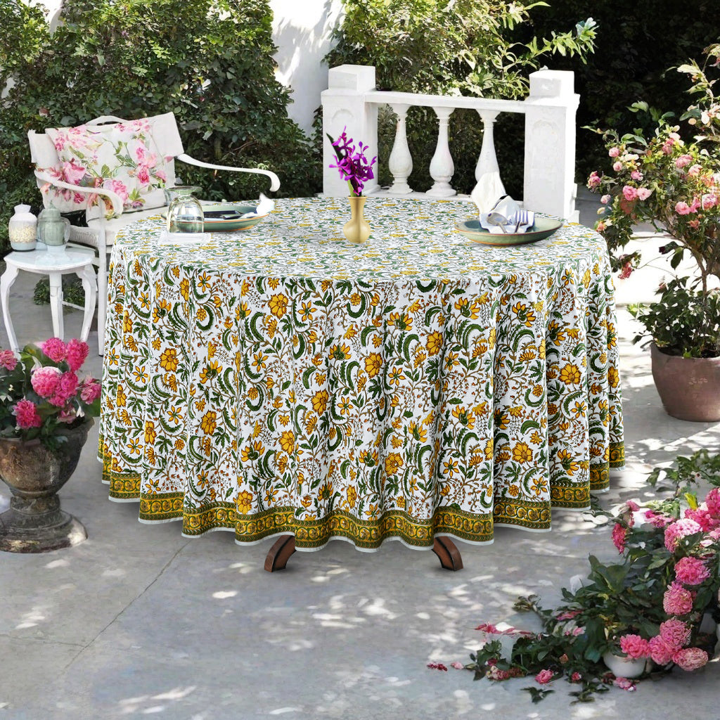 Five Call Golden Indian Floral Hand-Block Printed Cotton Round Tablecloth