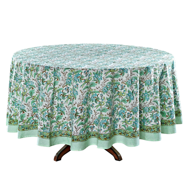 Russian Green, Peanut Brown Indian Floral Hand-Block Printed Cotton Round Tablecloth