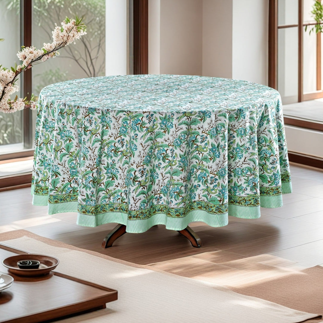 Russian Green, Peanut Brown Indian Floral Hand-Block Printed Cotton Round Tablecloth