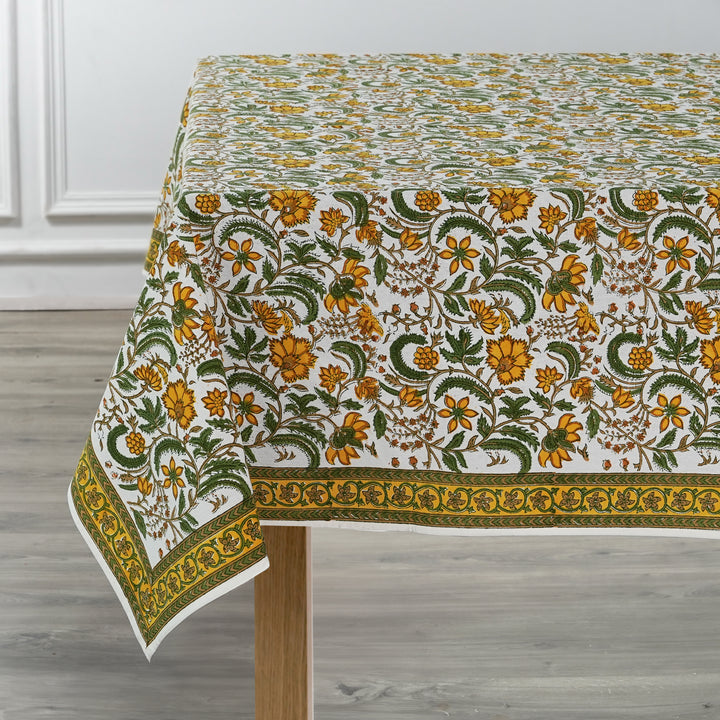 Five Call Golden Indian Floral Hand-Block Printed Cotton Tablecloth