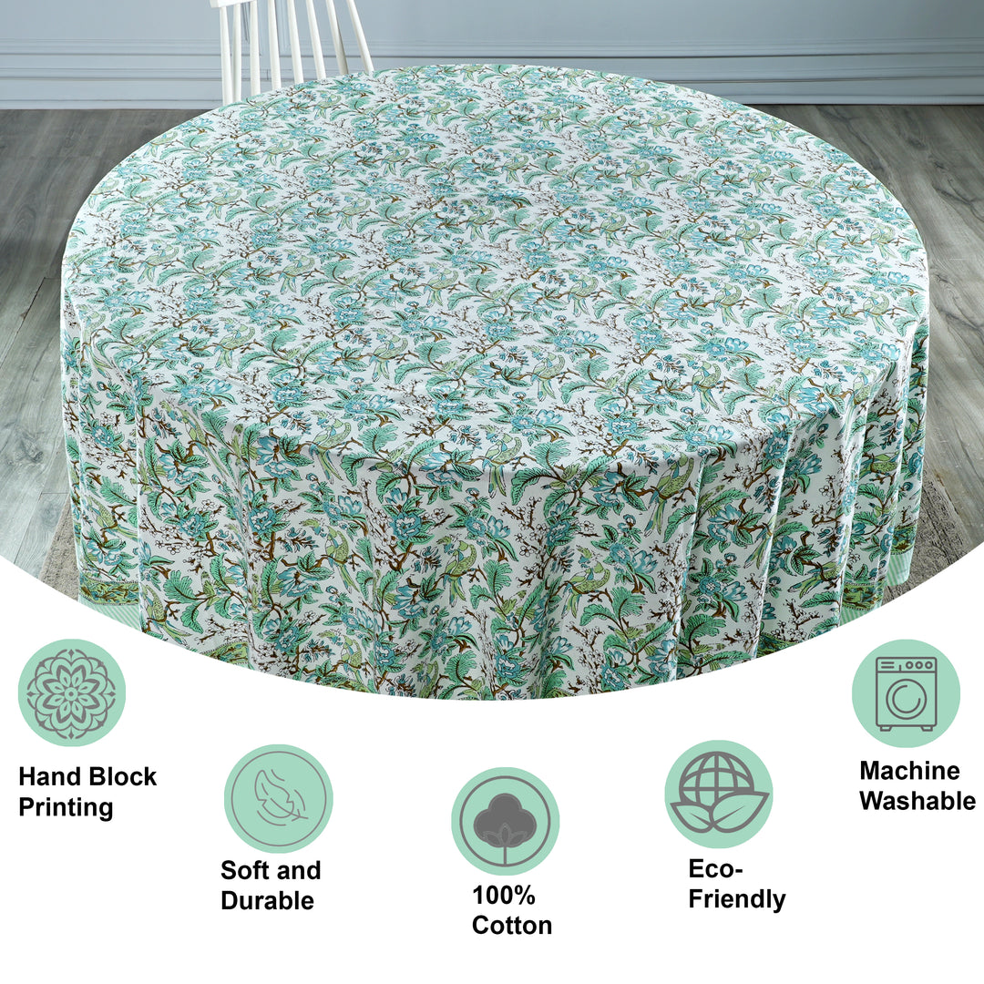 Russian Green, Peanut Brown Indian Floral Hand-Block Printed Cotton Round Tablecloth