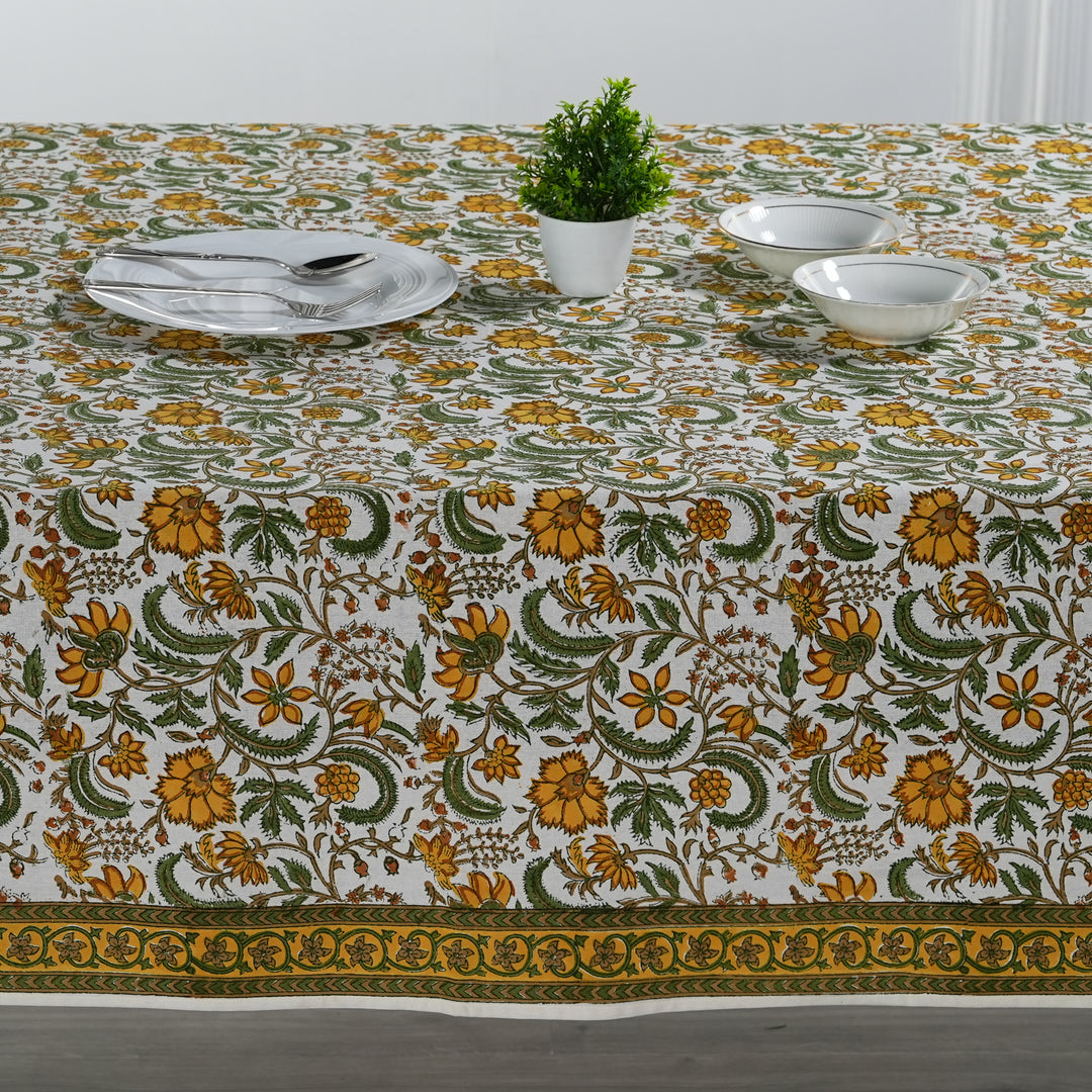 Hand block printed Five Call Golden tablelcoth - The Fabricrush - Image 3