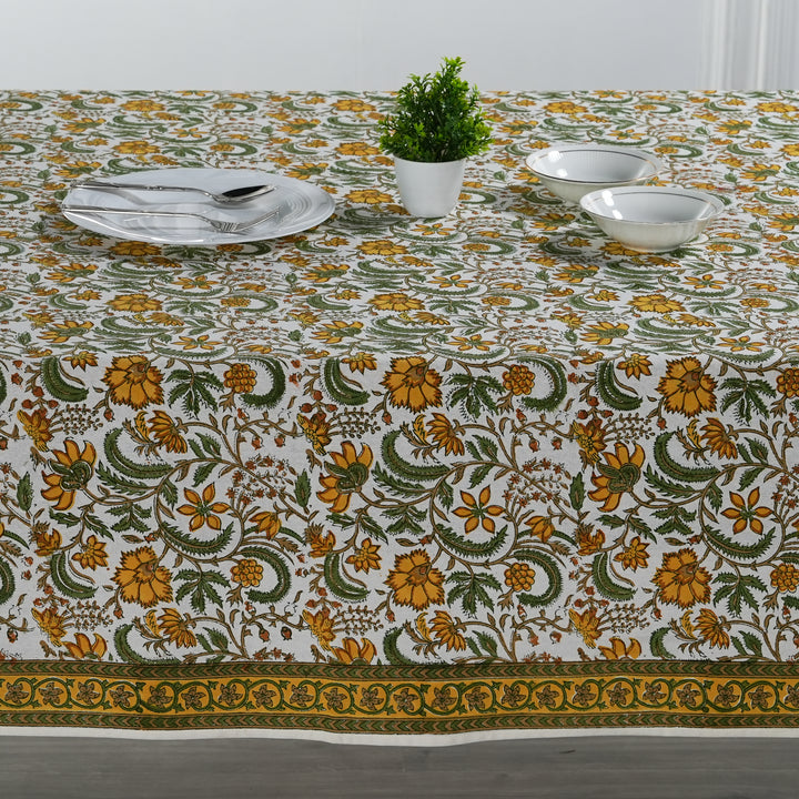 Five Call Golden Indian Floral Hand-Block Printed Cotton Tablecloth