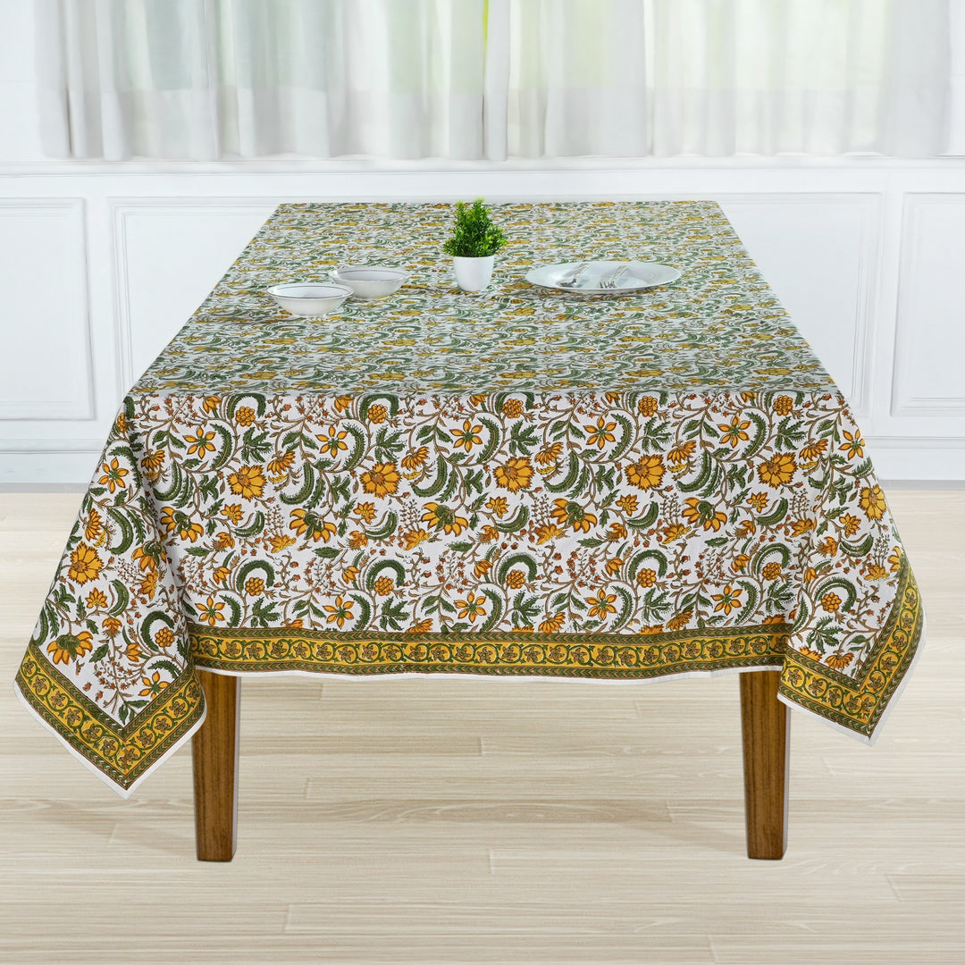 Five Call Golden Indian Floral Hand-Block Printed Cotton Tablecloth