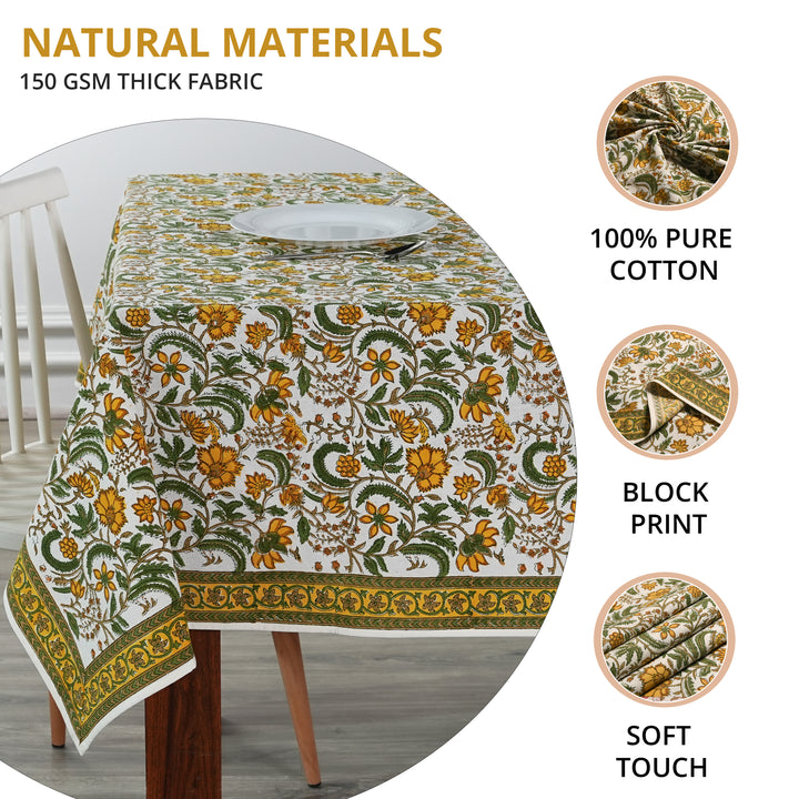 Five Call Golden Indian Floral Hand-Block Printed Cotton Tablecloth