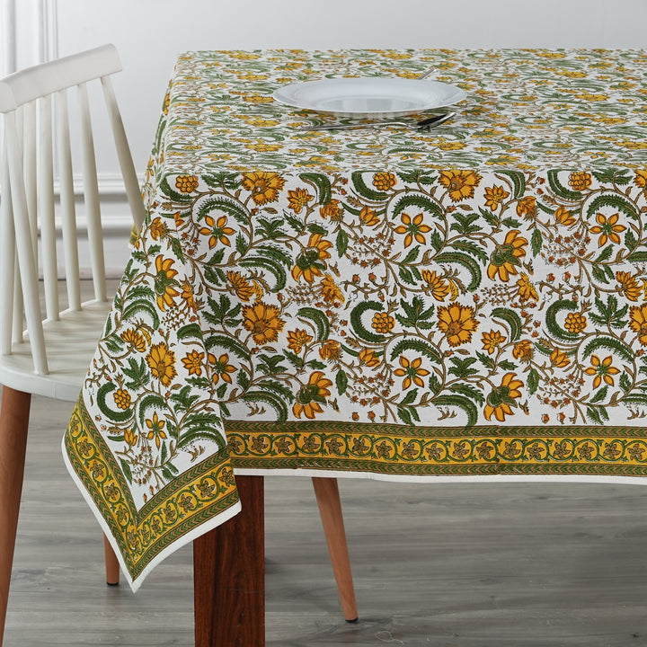 Five Call Golden Indian Floral Hand-Block Printed Cotton Tablecloth