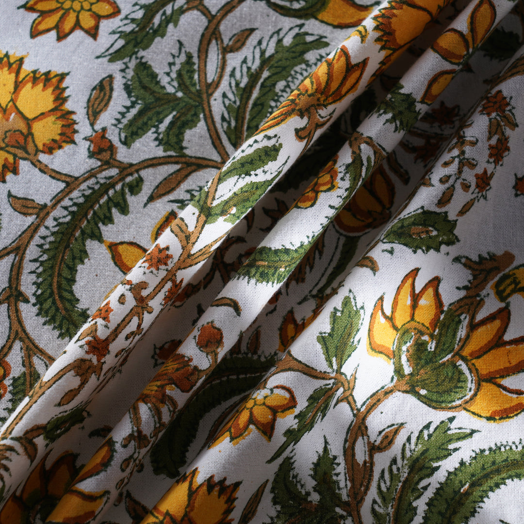 Five Call Golden Indian Floral Hand-Block Printed Cotton Round Tablecloth