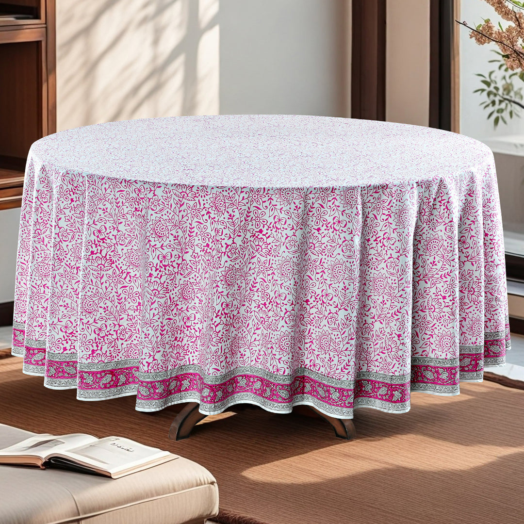 Rose Pink Indian Hand Block Floral Printed 100% Cotton Table Cover