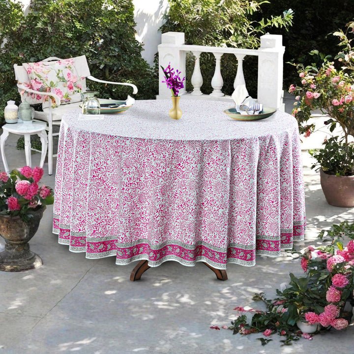 Rose Pink Indian Hand Block Floral Printed 100% Cotton Table Cover