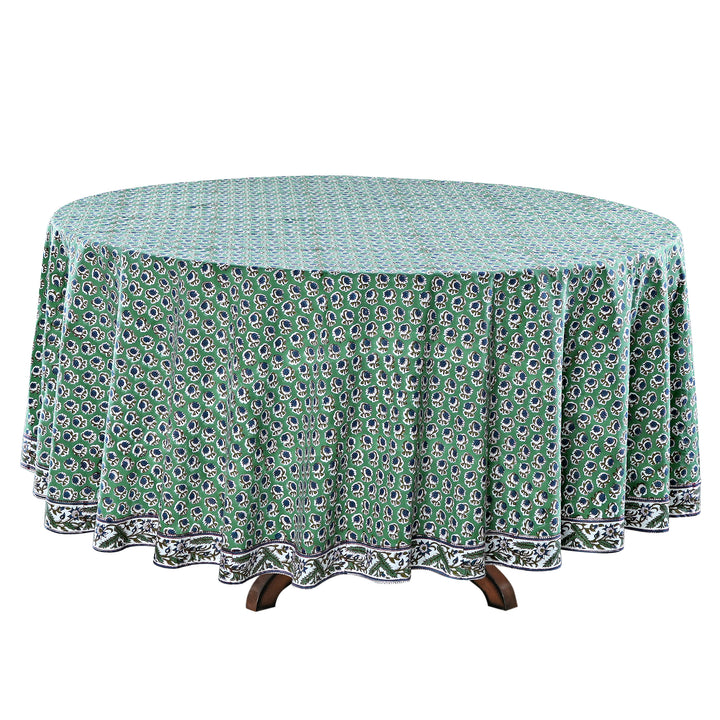 Basil Green Indian Floral Hand-Block Printed Cotton Round Tablecloth