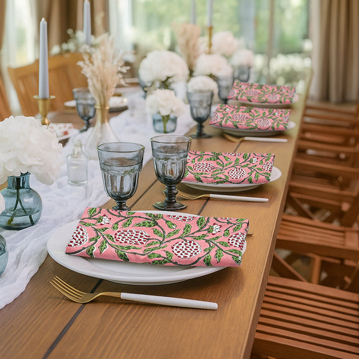 Strawberry Pink, Green and Red Floral Border Napkins