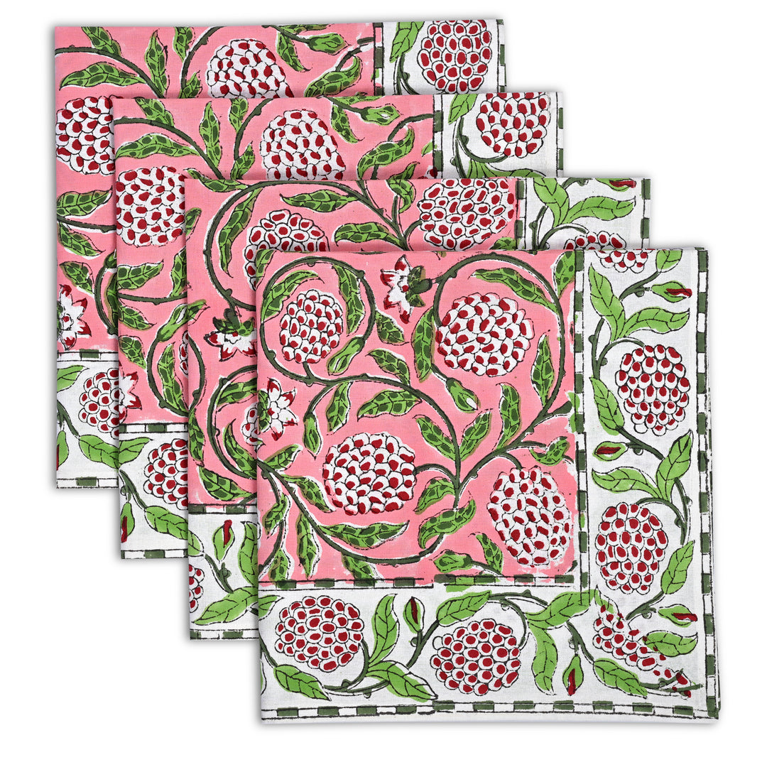 Strawberry Pink, Green and Red Floral Border Napkins