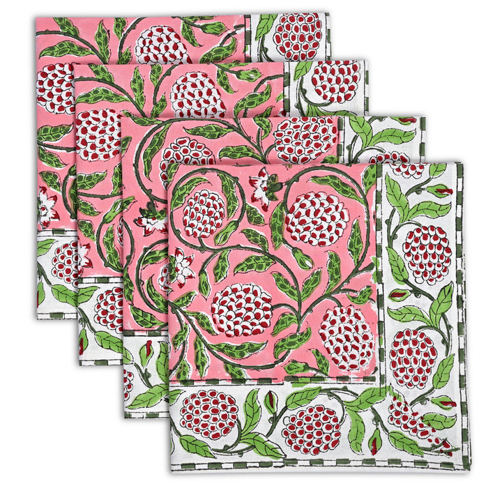 Strawberry Pink, Green and Red Floral Border Napkins
