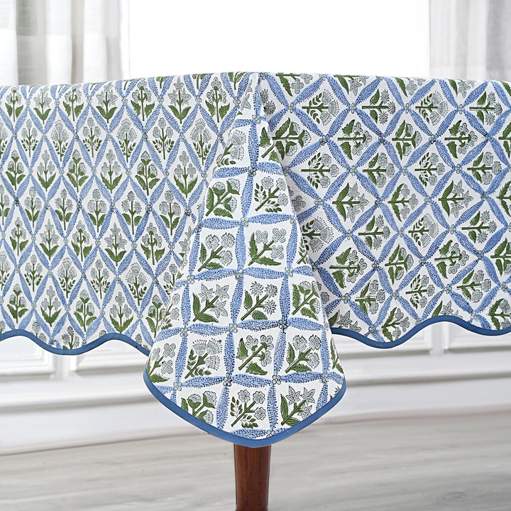 Handblock Printed Light Steel Blue with Scallop Piping Tablecloth Product Image 1